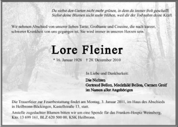 Traueranzeige von Lore Fleiner 