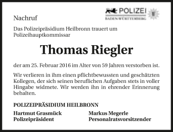 Traueranzeige von Thomas Riegler 