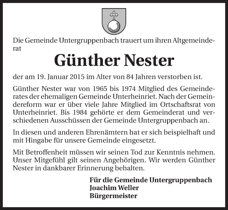  Traueranzeige für Günther Nester vom 22.01.2015 aus 