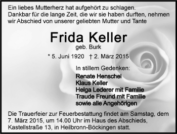 Traueranzeige von Frida Keller 