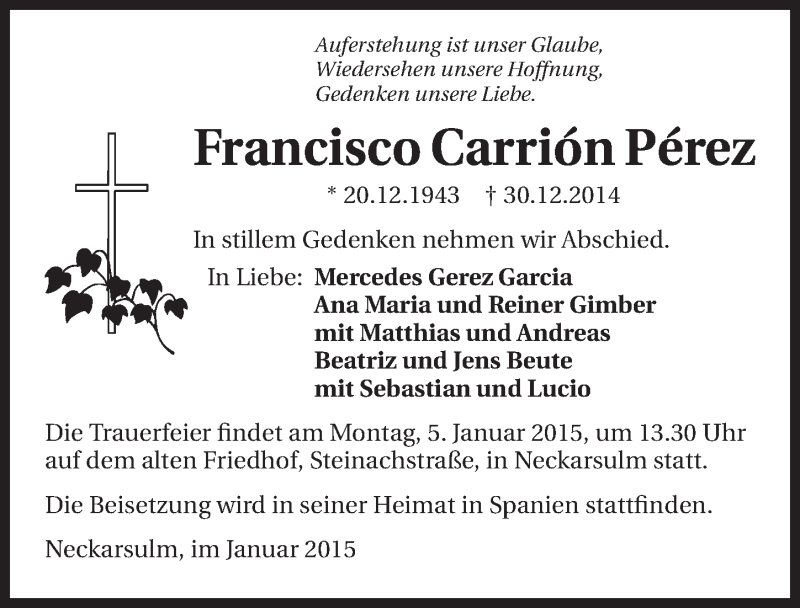  Traueranzeige für Francisco Carrión Pérez vom 03.01.2015 aus 