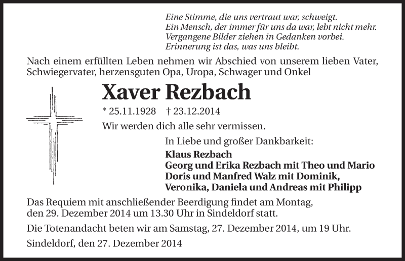  Traueranzeige für Xaver Rezbach vom 27.12.2014 aus 