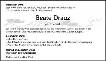 Traueranzeige von Beate Drauz 
