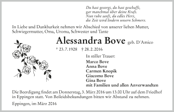 Traueranzeige von Alessandra Bove 