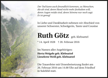 Traueranzeige von Ruth Götz 