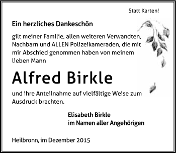 Traueranzeige von Alfred Birkle 