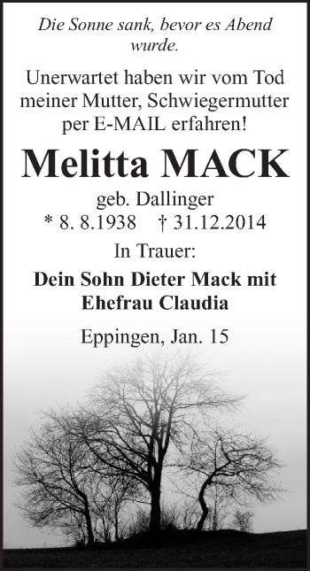 Traueranzeige von Melitta Mack 