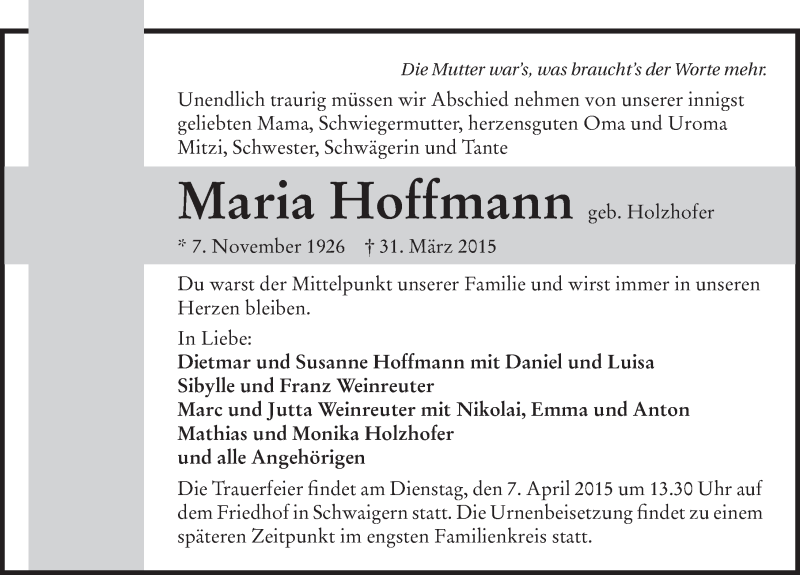  Traueranzeige für Maria Hoffmann vom 04.04.2015 aus 