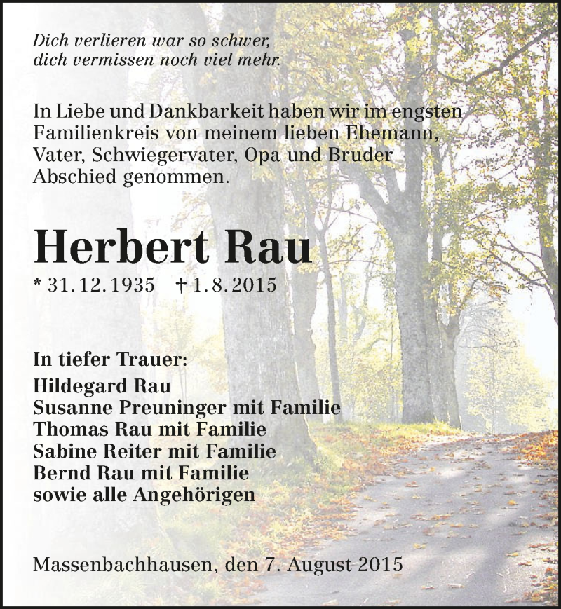  Traueranzeige für Herbert Rau vom 08.08.2015 aus 