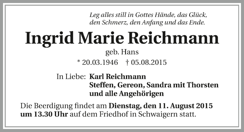 Traueranzeige für Ingrid Marie Reichmann vom 08.08.2015 aus 