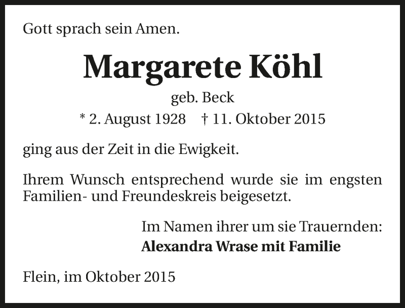  Traueranzeige für Margarete Köhl vom 31.10.2015 aus 