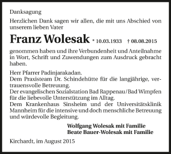 Traueranzeige von Franz Wolesak 