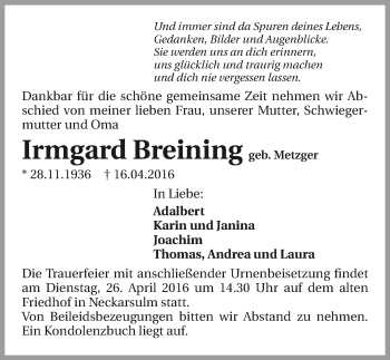 Traueranzeige von Irmgard Breining 