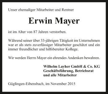 Traueranzeige von Erwin Mayer 