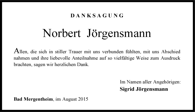  Traueranzeige für Norbert Jörgensmann vom 28.08.2015 aus 