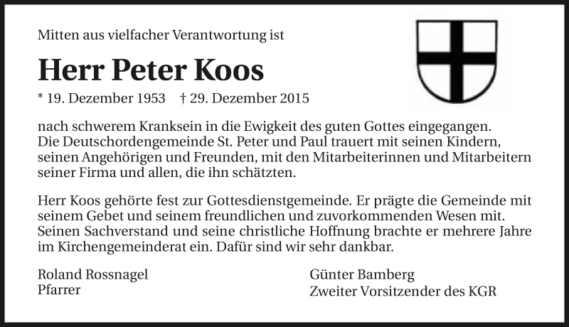  Traueranzeige für Peter Hellmuth Ferdinand Koos vom 02.01.2016 aus 