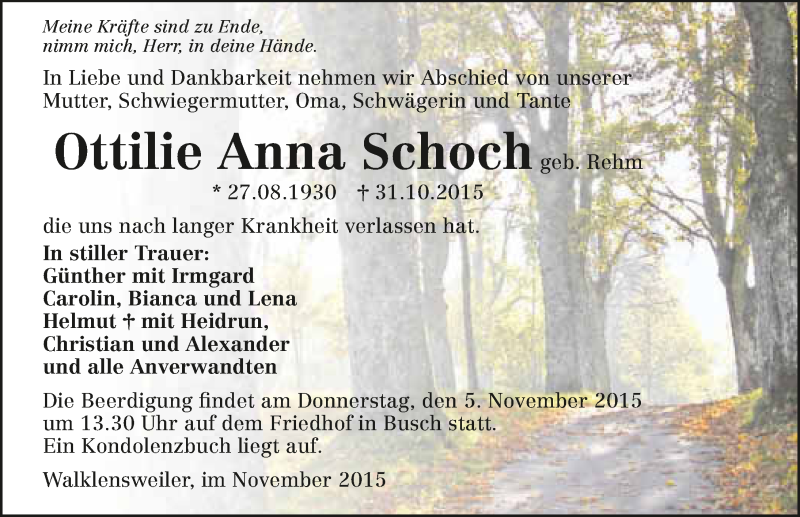  Traueranzeige für Ottilie Anna Schoch vom 03.11.2015 aus 