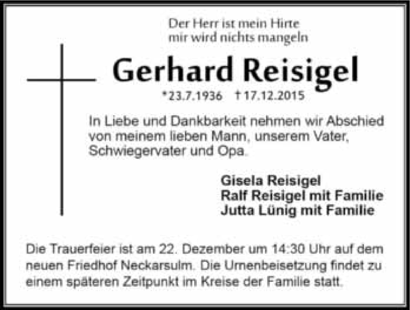  Traueranzeige für Gerhard Reisigel vom 19.12.2015 aus 