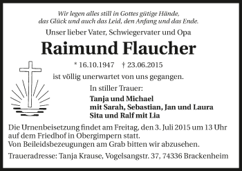 Traueranzeige von Raimund Flaucher 