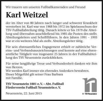 Traueranzeige von Karl Weitzel 