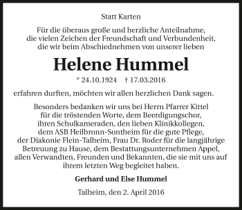 Traueranzeige von Helene Hummel 