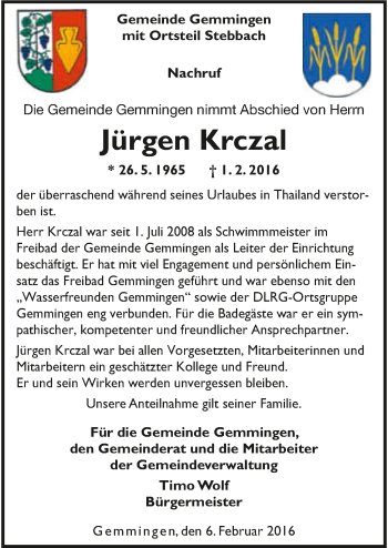 Traueranzeige von Jürgen Krczal 