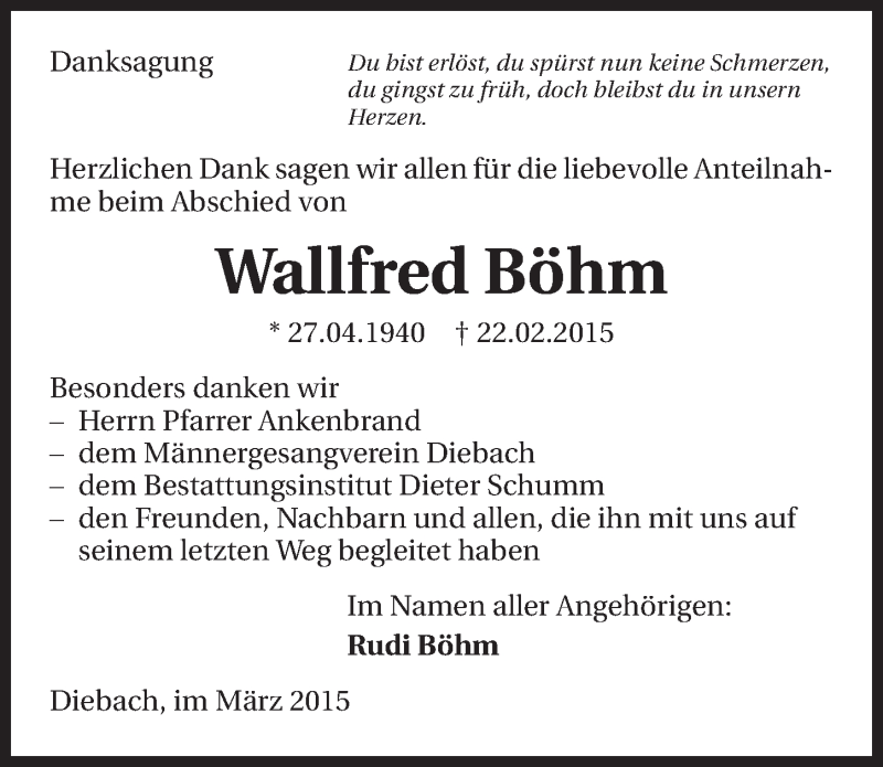  Traueranzeige für Wallfred Böhm vom 27.03.2015 aus 