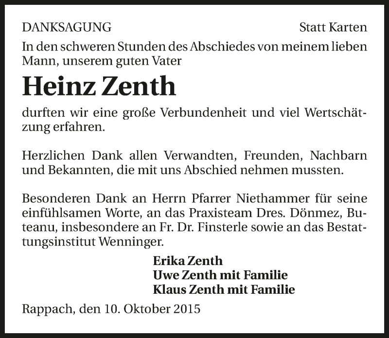  Traueranzeige für Heinz Zenth vom 10.10.2015 aus 