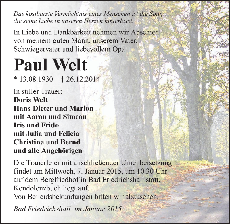  Traueranzeige für Paul Welt vom 05.01.2015 aus 