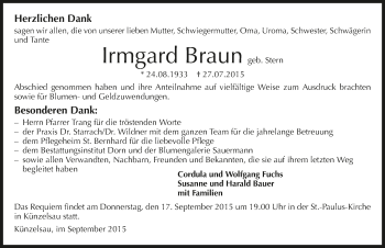 Traueranzeige von Irmgard Braun 