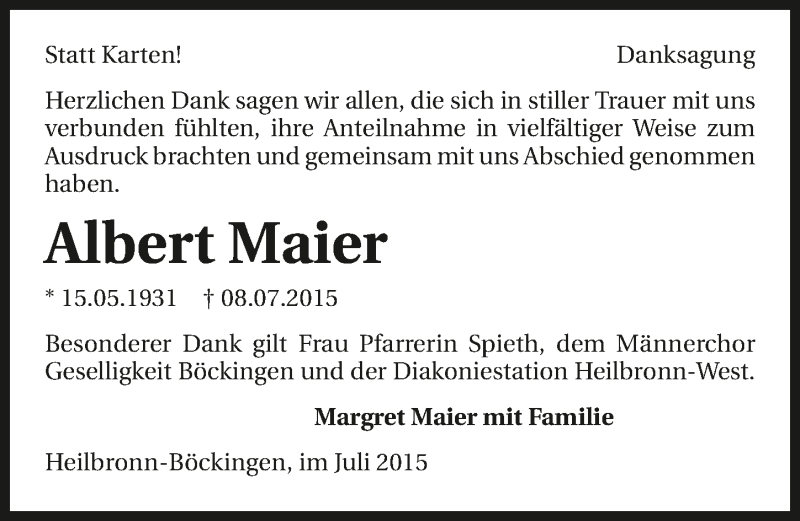  Traueranzeige für Albert Maier vom 28.07.2015 aus 