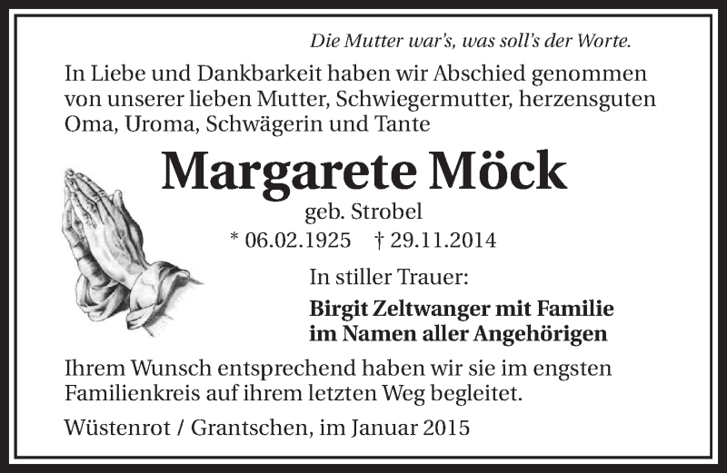  Traueranzeige für Margarete Möck vom 10.01.2015 aus 