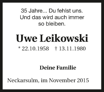 Traueranzeige von Uwe Leikowski 