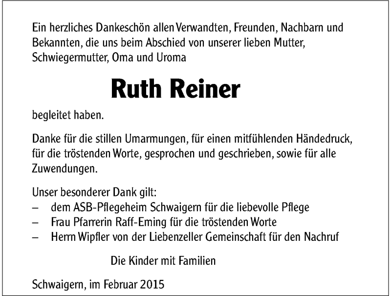  Traueranzeige für Ruth Reiner vom 14.02.2015 aus 