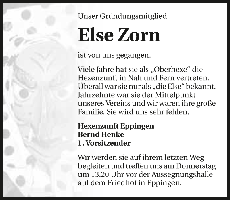  Traueranzeige für Else Zorn vom 27.10.2015 aus 