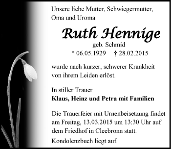 Traueranzeige von Ruth Hennige 