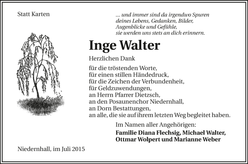  Traueranzeige für Inge Walter vom 29.07.2015 aus 