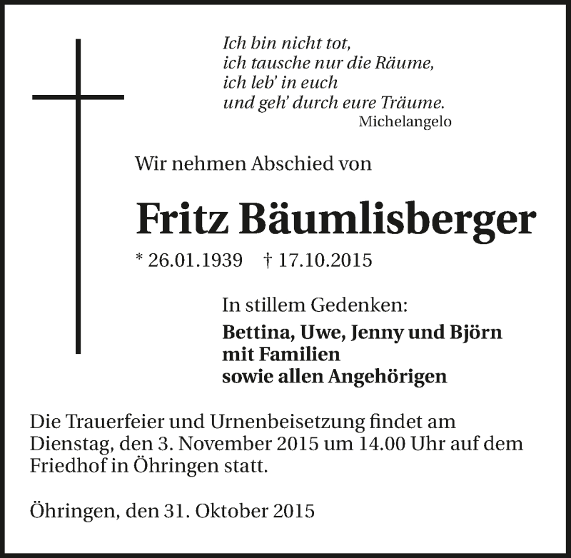  Traueranzeige für Fritz Bäumlisberger vom 31.10.2015 aus 