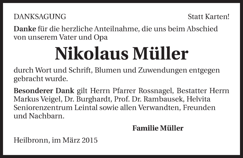  Traueranzeige für Nikolaus Müller vom 19.03.2015 aus 