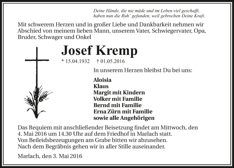  Traueranzeige für Josef Kremp vom 03.05.2016 aus 