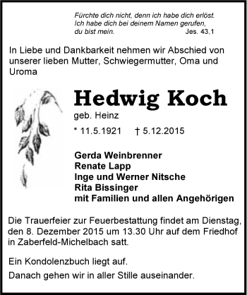 Traueranzeige von Hedwig Koch 
