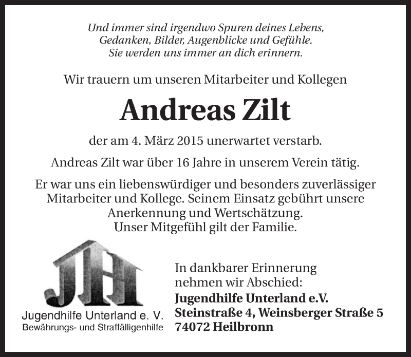  Traueranzeige für Andreas Zilt vom 10.03.2015 aus 