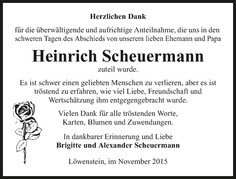  Traueranzeige für Heinrich Scheuermann vom 13.11.2015 aus 