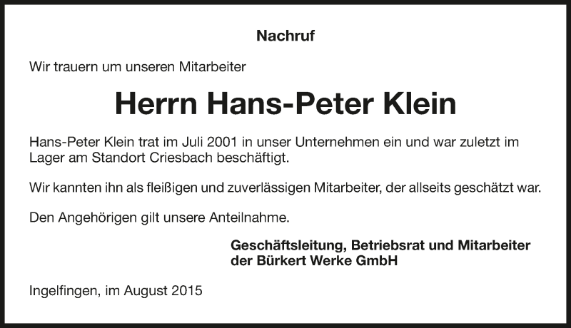  Traueranzeige für Hans-Peter Klein vom 17.08.2015 aus 