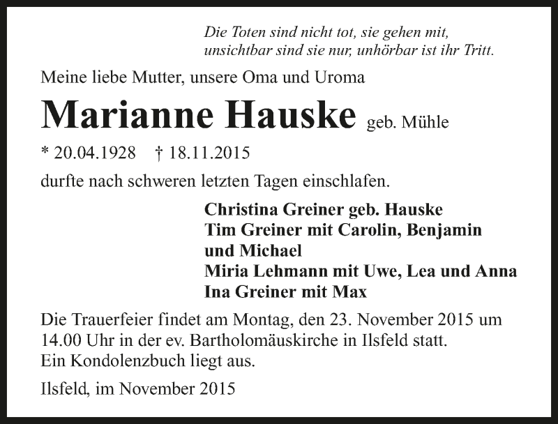  Traueranzeige für Marianne Hauske vom 20.11.2015 aus 