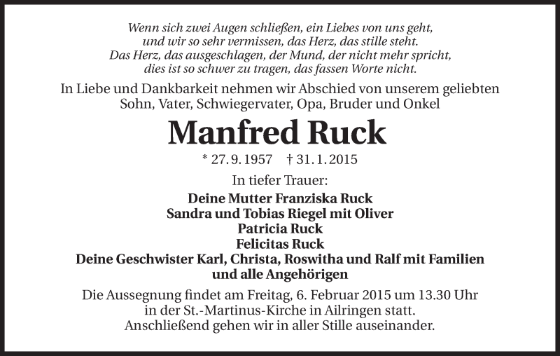  Traueranzeige für Manfred Ruck vom 03.02.2015 aus 