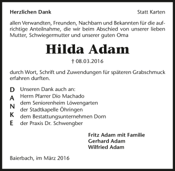 Traueranzeige von Hilda Adam 