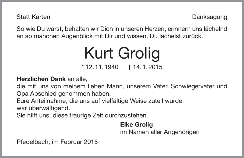  Traueranzeige für Kurt Grolig vom 18.02.2015 aus 