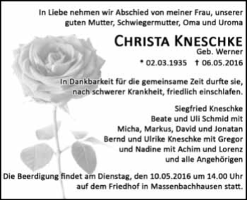 Traueranzeige von Christa Kneschke 