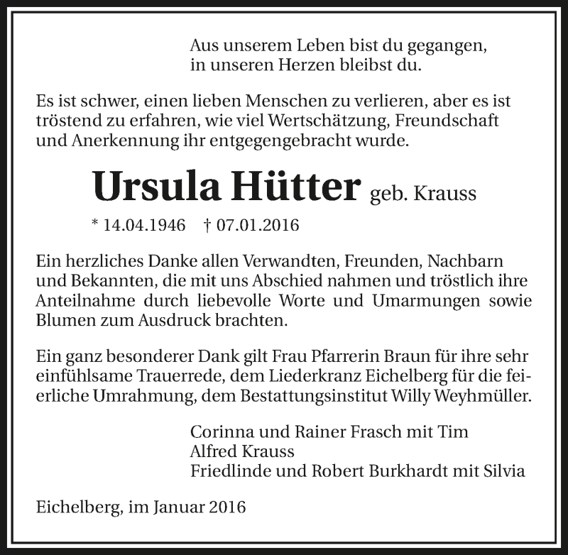  Traueranzeige für Ursula Hütter vom 20.01.2016 aus 